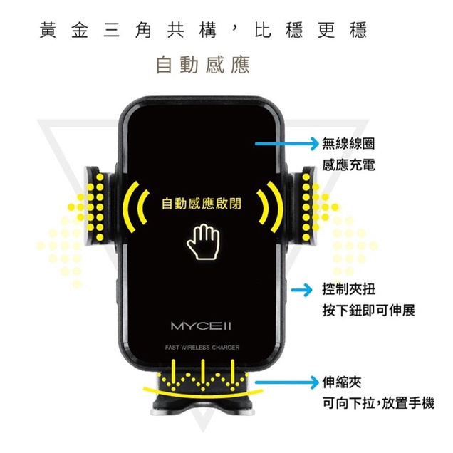 MYCELL車用15W 無線充電 iphone13 電動支架 MY-QI-018 車架 手機架 無線快充 台灣製造