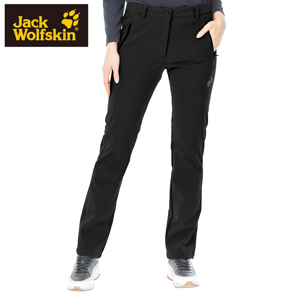 【Jack wolfskin 飛狼】女 軟殼防風保暖長褲 修身版型『黑』.