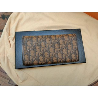 真品 Dior vintage Oblique 咖啡色 老花 PVC 緹花布 滿版LOGO 對開長夾