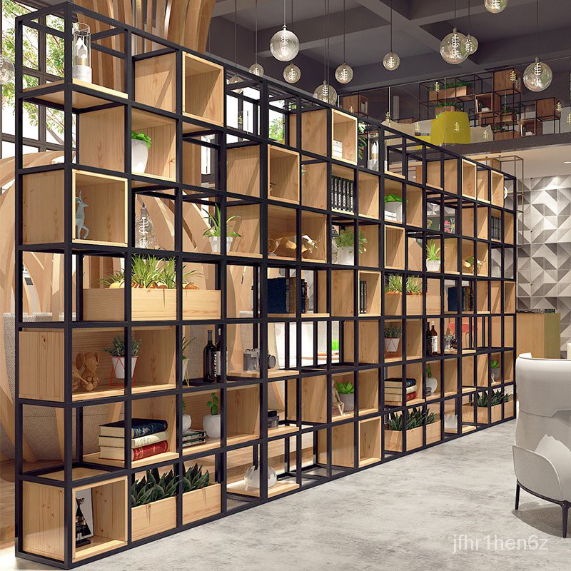 【熱銷】鐵藝玄關置物架書櫃書架落地實木現代簡約客廳辦公室隔斷屏風架子