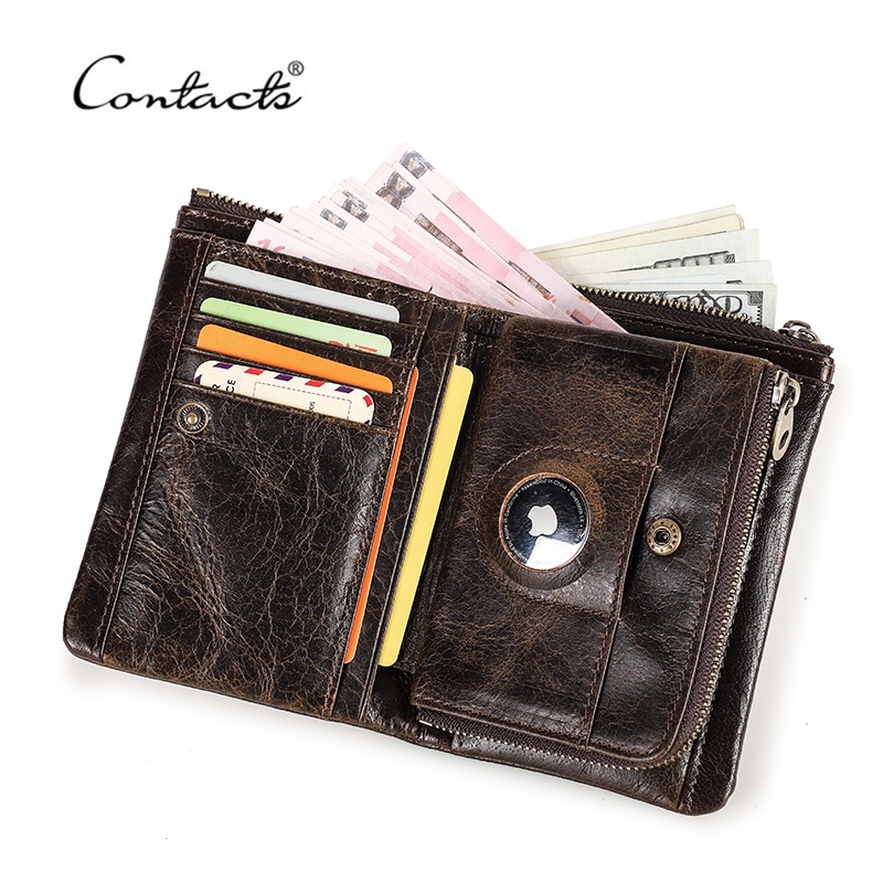 CONTACT'S 真皮雙折錢包男士 RFID 卡夾, 帶防丟空氣標籤設計拉鍊男手拿包零錢包