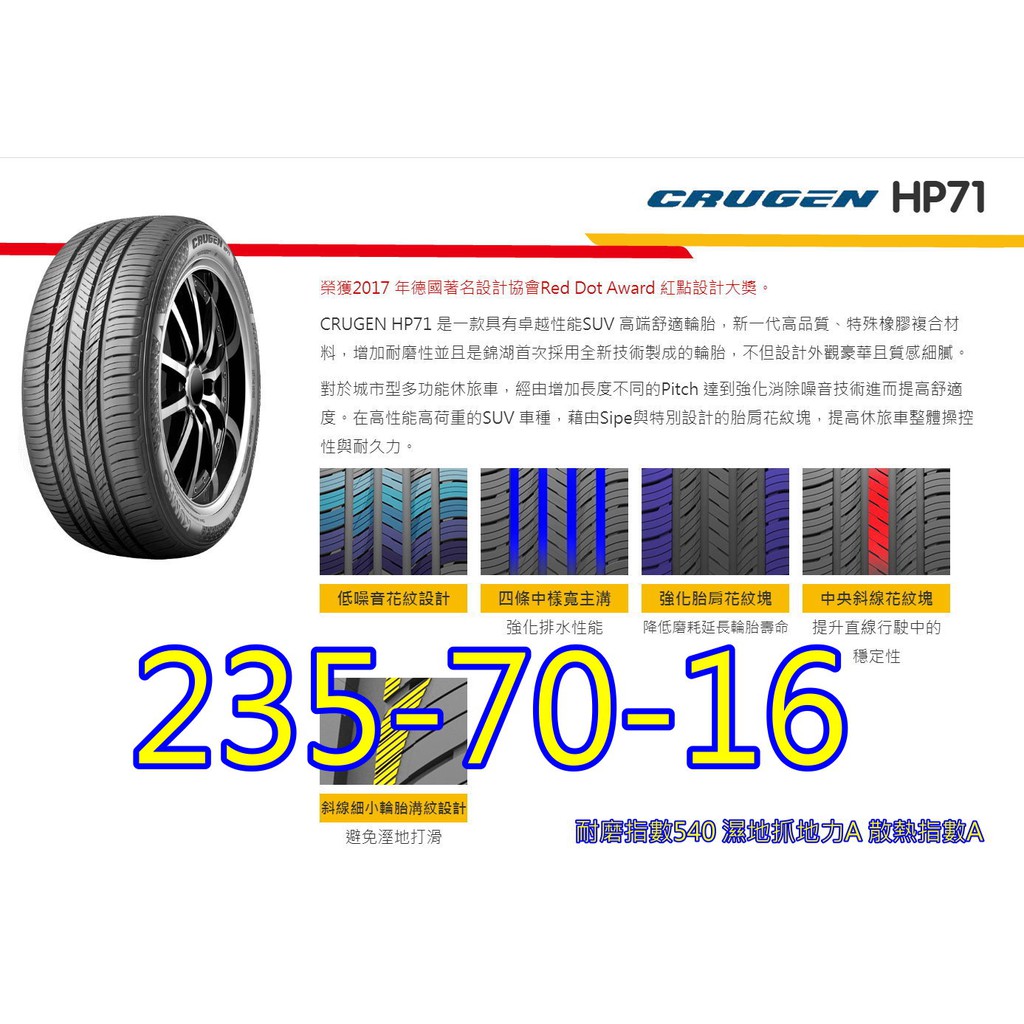 桃園 小李輪胎 錦湖 KUMHO HP71 235-70-16 SUV 靜音 舒適 高品質 全系列 規格 特價 歡迎詢價