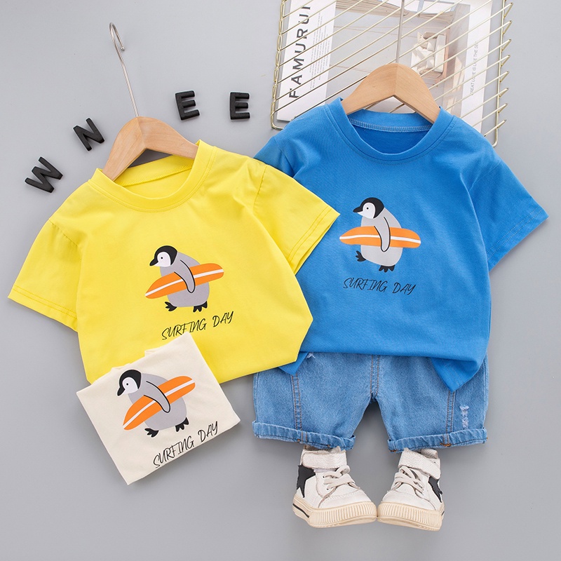 兒童時尚短袖套裝 0-6 歲嬰兒純棉短袖短褲企鵝圖案