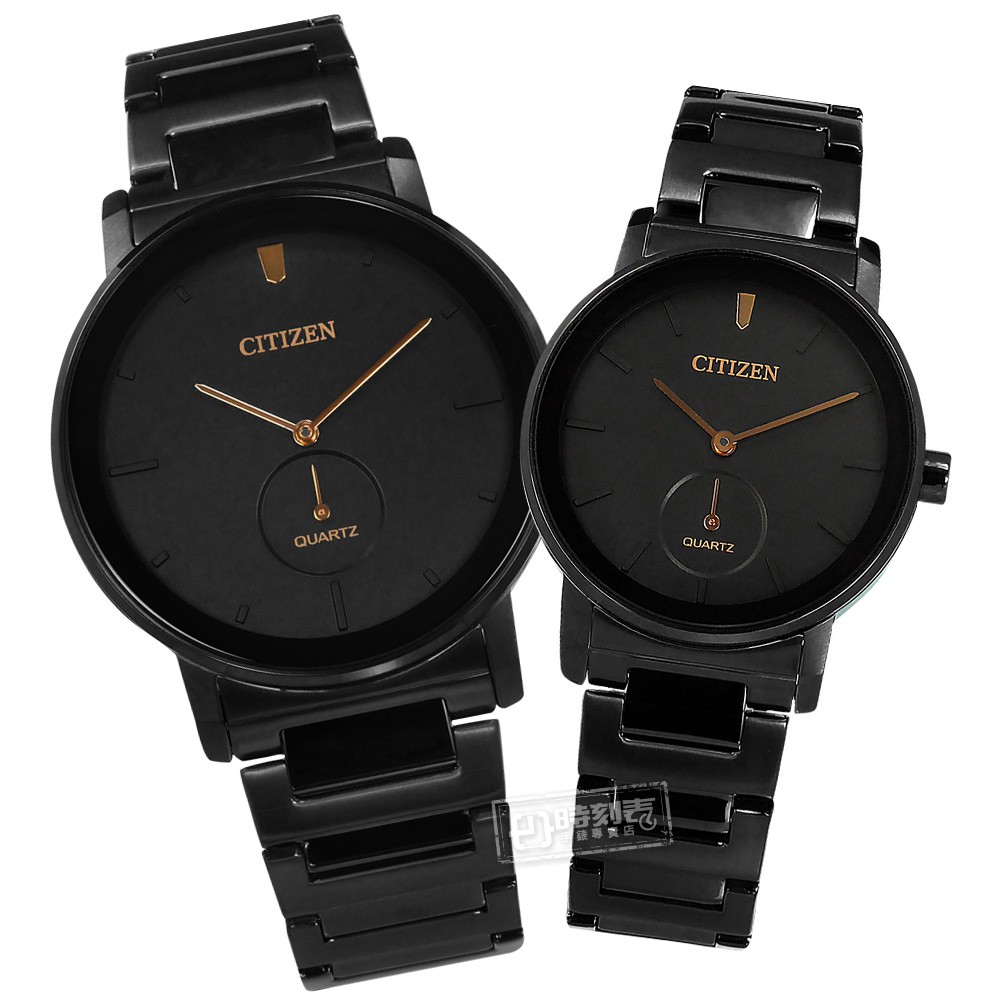 CITIZEN / 日本機芯 不鏽鋼手錶 情人對錶 鍍黑 BE9187-53E EQ9065-50E / 42mm+34