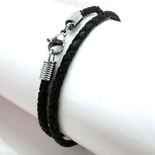 【L19619258】個性黑色編織真皮革鈦鋼螃蟹扣頭黑皮繩/皮革項鍊