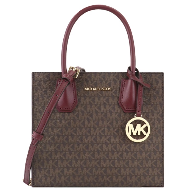 MICHAEL KORS 經典滿版風琴包 手提斜背包 防刮PVC皮革 側背包 手提包 M87864 酒紅色MK(現貨)