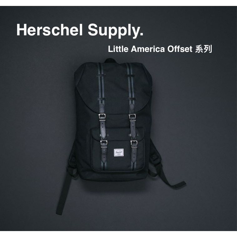 Herschel Little America offset 電腦後背包 拼接真皮 黑色拼接