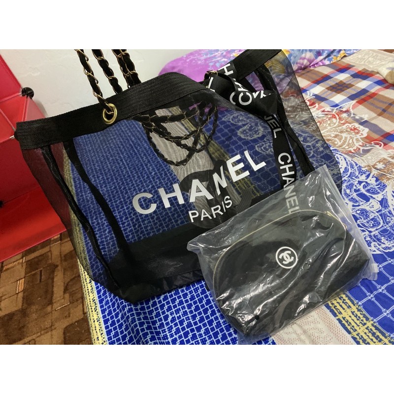 ［二手］Chanel 小香拖特帶包+化妝包 紗網 海灘包