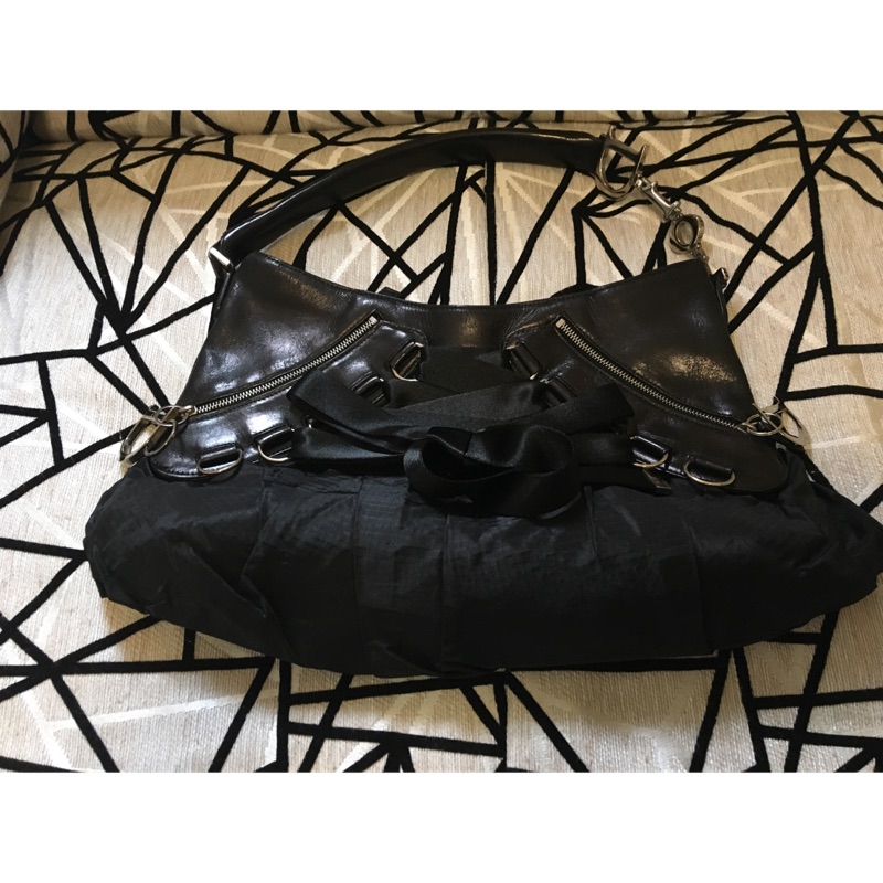 （正品）Christian Dior 黑皮CD緞織手提肩背包