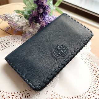 全新 100%真品 美國帶回 ToryBurch 深藍色真皮logo編織邊長夾 皮夾 錢包 拉鍊零錢包 原價$225美金