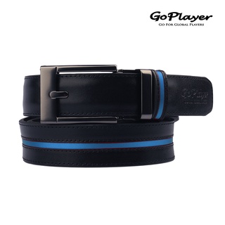 【GoPlayer】寬滑扣皮帶-單條織帶-黑皮藍織條 (高爾夫 休閒運動 真牛皮 滑扣皮帶)