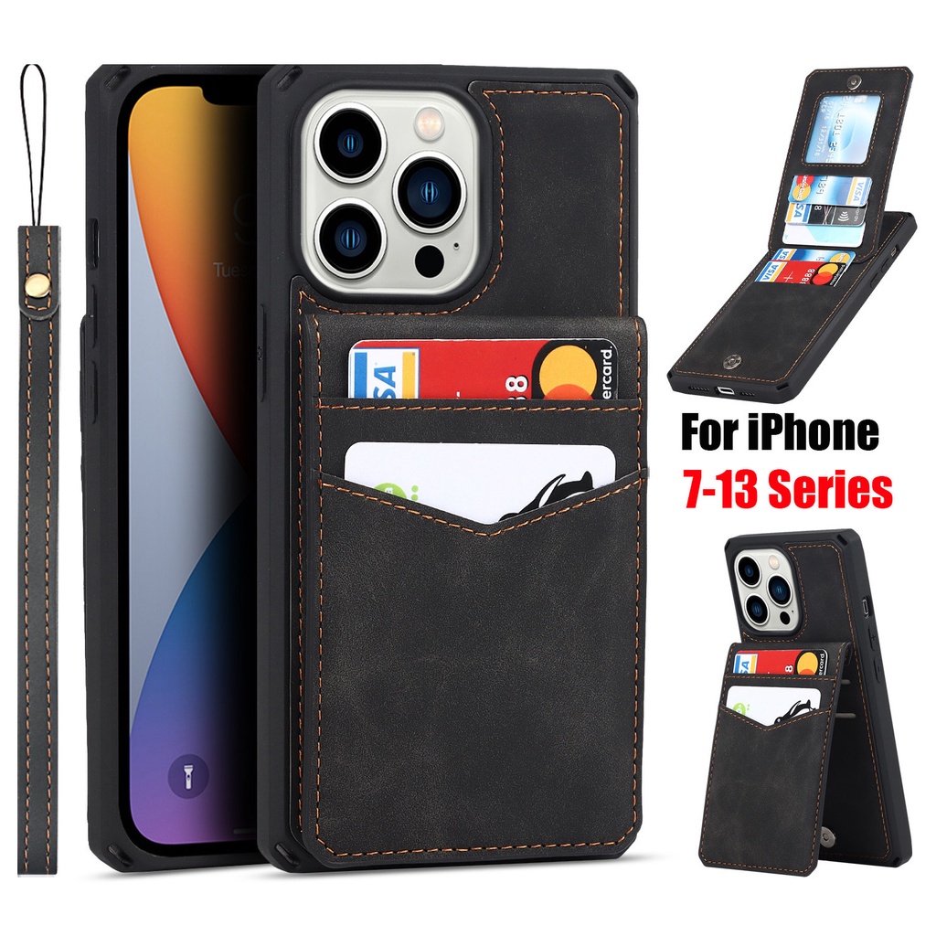 適用於 iPhone 11 12 13 Pro Max 迷你手機殼的按鈕上下翻蓋皮革錢包保護套帶信用卡夾帶