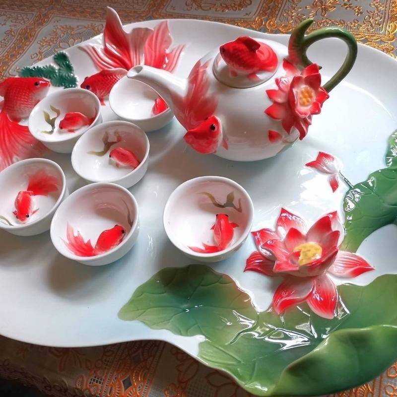 陶瓷功夫茶具套組琺琅茶具立體浮雕金魚杯金魚茶具新婚送禮家用婚慶茶盤壺杯碟子品茗杯陶瓷茶杯功夫茶 蝦皮購物