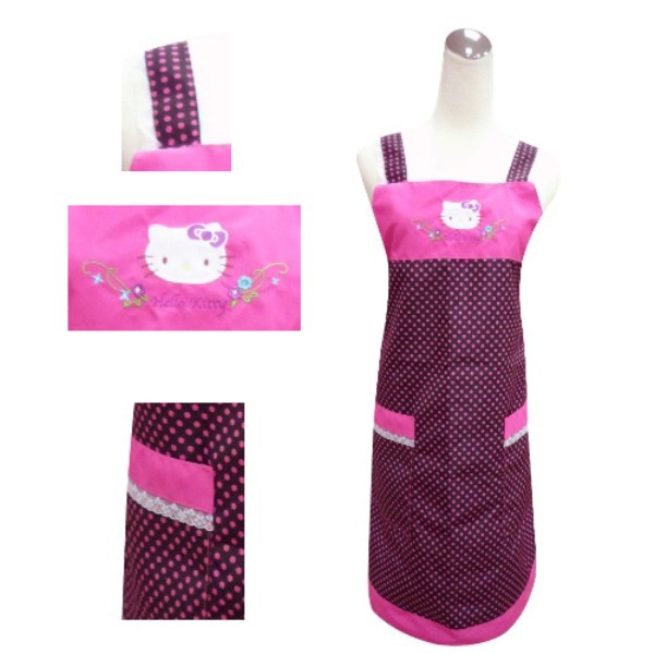 Hello Kitty 圓點蕾絲圍裙KT-0750B(黑底‧紫圓點)