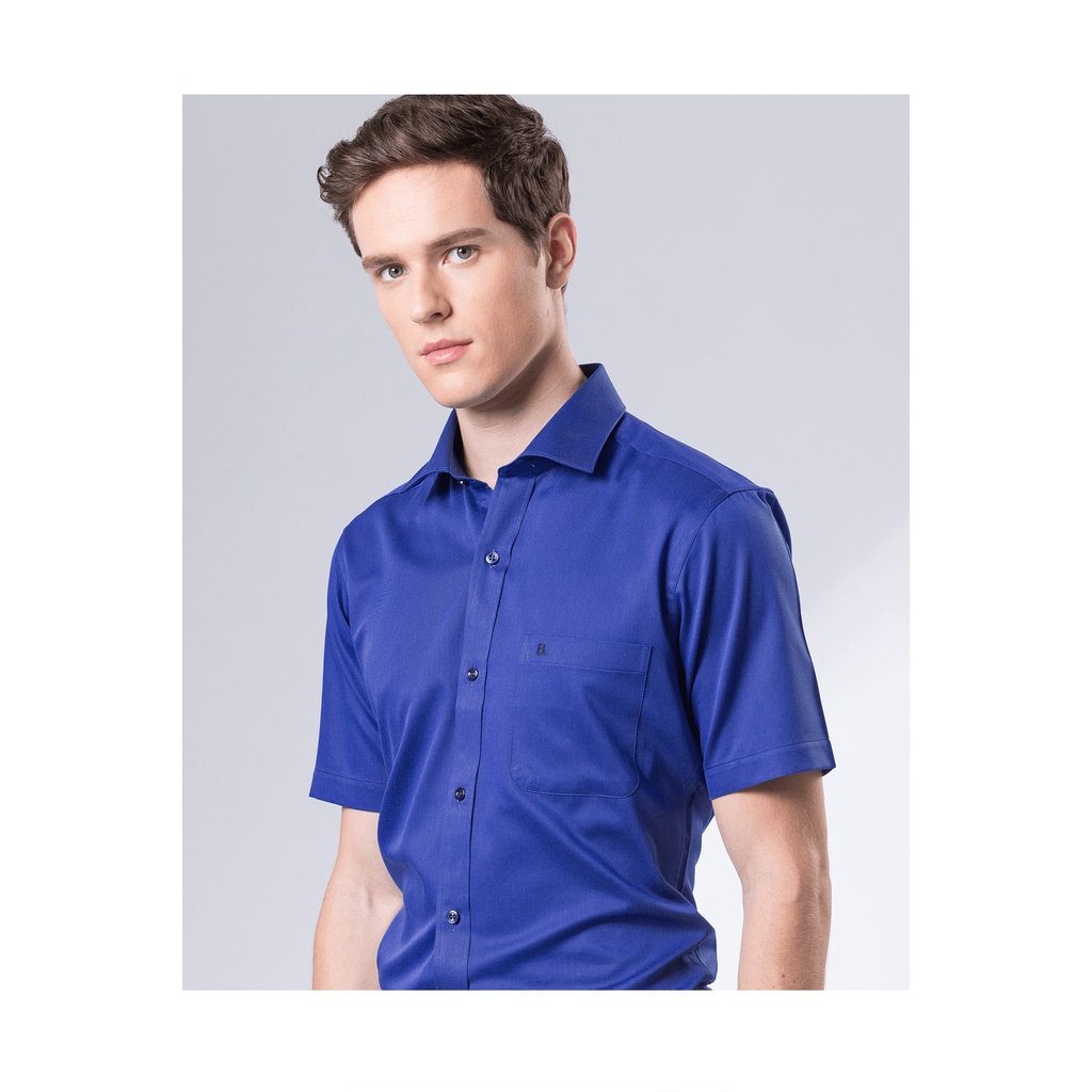 【羅德貝爾】深藍色斜紋短袖修身襯衫 / 舒適 透氣