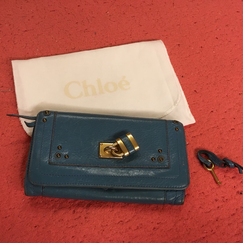二手 Chloe 鎖頭 長夾 皮夾 對折 藍色 正品