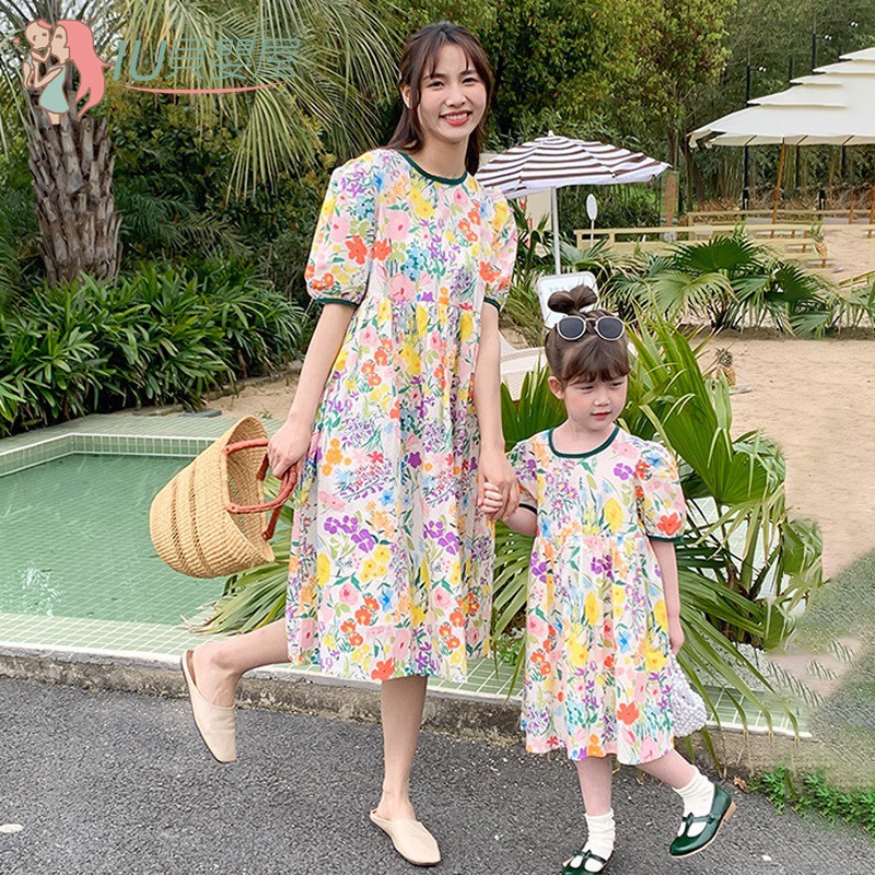 母女裝 親子裝 夏季新款 韓版女童圓領泡泡袖 碎花洋裝 兒童甜美公主裙【IU貝嬰屋】
