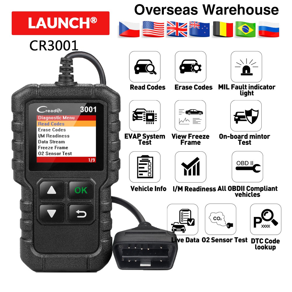 Launch X431 CR3001 全 OBD2 掃描儀 OBDII 讀碼器汽車診斷工具關閉發動機燈免費更新 pk c