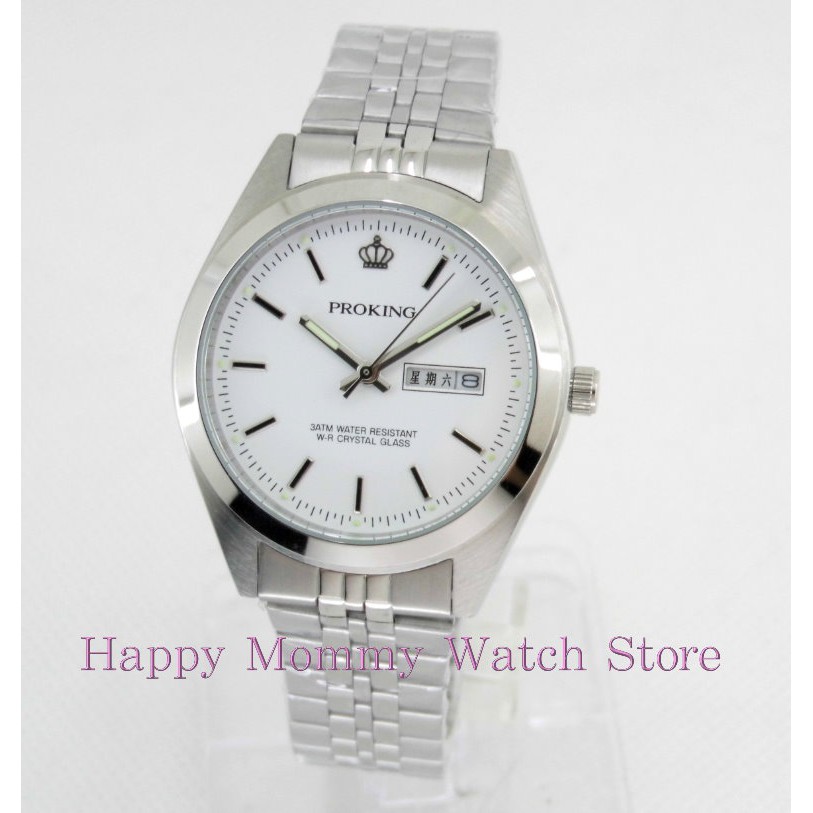 【幸福媽咪】PROKING 皇冠 日期/星期 防水不鏽鋼 石英男錶 白面 36mm 型號:4004