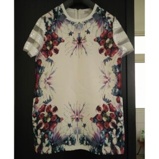 歐美款宮廷風印花圖騰拼接歐根紗亮片袖造型背後拉鍊長上衣