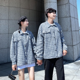 【COUPLE】🎈🎈休閒情侶襯衫外套國潮小香風編織格子夾克男街頭寬鬆