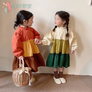 韓版女童木耳領長袖裙子 女寶寶可愛拼接色洋裝 洋氣兒童公主裙【IU貝嬰屋】