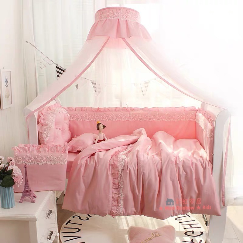韓式公主浪漫風格訂製款蕾絲床靠寶寶嬰兒床 花邊蕾絲純棉拆洗床圍 親子床品