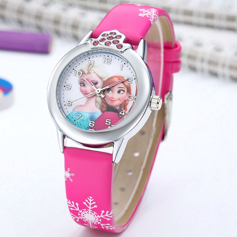 Elsa 手錶女孩 Elsa Anna Princess 兒童手錶皮錶帶可愛兒童卡通手錶