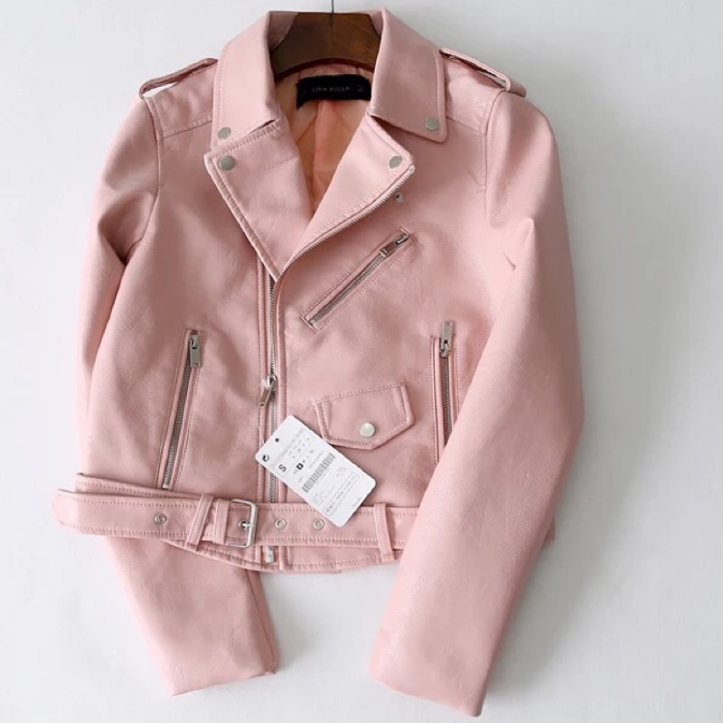 粉紅色翻領皮衣外套