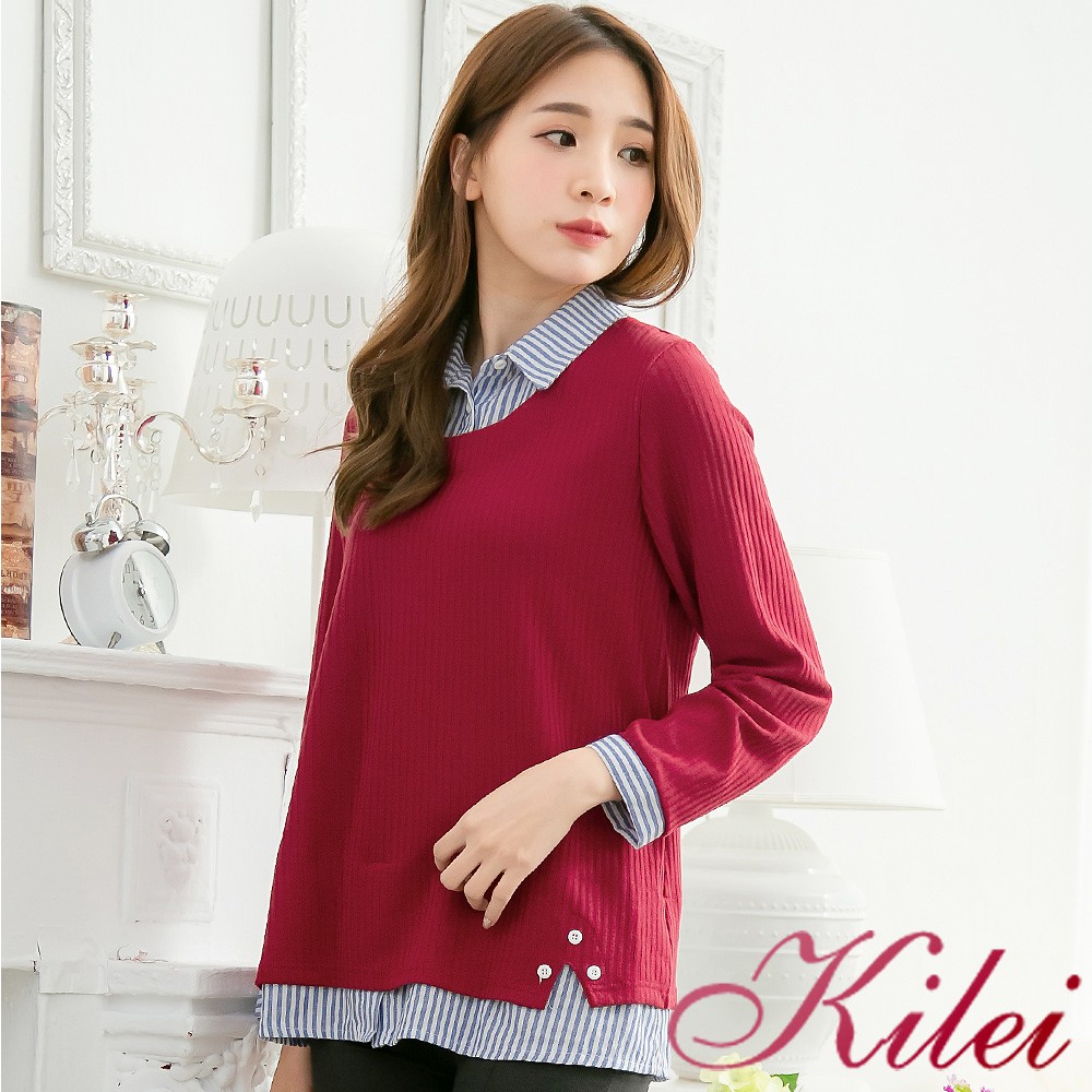 【Kilei】條紋襯衫坑直紋拼接假兩件上衣XA3952-02(優雅暗紅)大尺碼