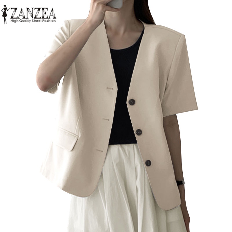 Zanzea 女士韓版通勤 V 領短袖時尚鈕扣百搭西裝外套