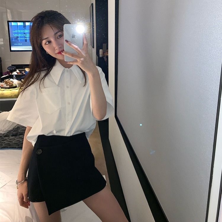 夏季襯衫女學生韓版寬松上衣短袖襯衫女ins純色白襯衣短款復古潮衬衫525 蝦皮購物