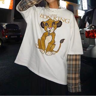 迪士尼動畫獅子王t Shirt 拼接袖子格紋格子復古美式休閒黑色白色vintage Disney 蝦皮購物