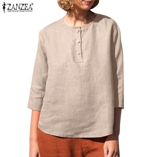 Zanzea 女士歐洲日常休閒 3 / 4 袖棉質鈕扣純色上衣