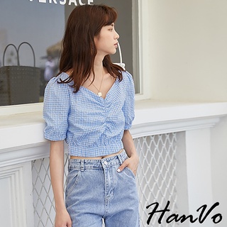 【HanVo】夏天的晴藍色格紋短版上衣 韓系時髦百搭寬鬆顯瘦修身上衣 韓國女裝 女生衣著 1309