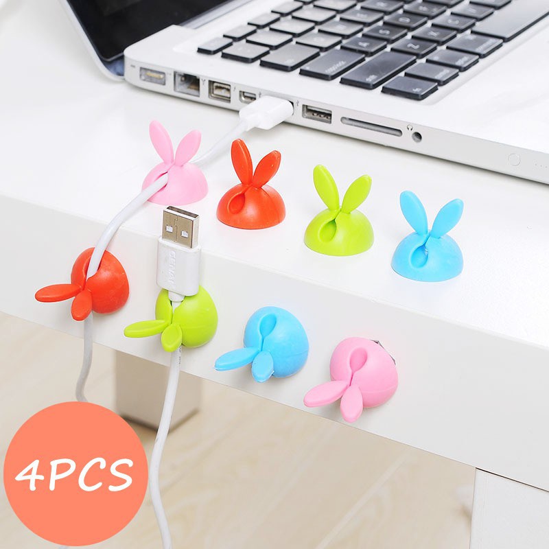 4 件/套可愛兔子 USB 電纜整理器繞線器耳機支架線夾辦公室桌面電話線矽膠紮帶固定器電線管理