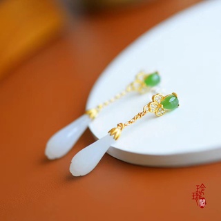 玲瓏閣~天然和田玉玉蘭花耳墜 玉石耳環 s925銀古法金鑲嵌耳釘 復古 古風耳環 古裝旗袍耳飾