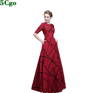 5Cgo含稅促銷宴會晚禮服壹字肩晚裝高貴優雅長款顯瘦女蕾絲線條紅色大裙擺長裙 t559662157222