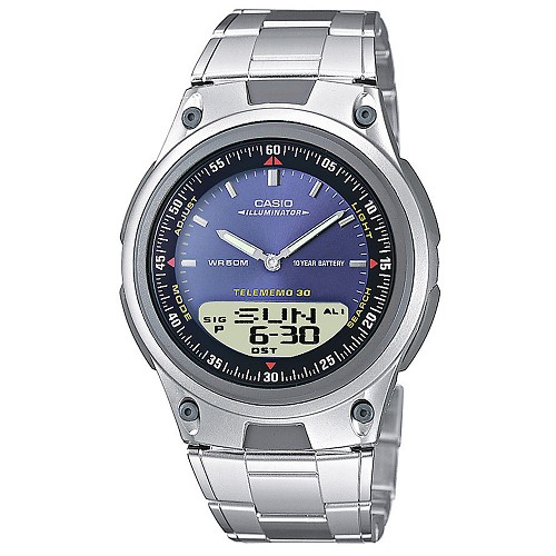 【CASIO】10年電力商務型男不鏽鋼雙顯錶-藍面(AW-80D-2A)正版宏崑公司貨