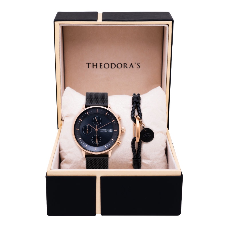 【THEODORA'S】手錶手鍊1+1禮盒-男款 Mercury 手錶 太陽能三眼深藍【希奧朵拉】