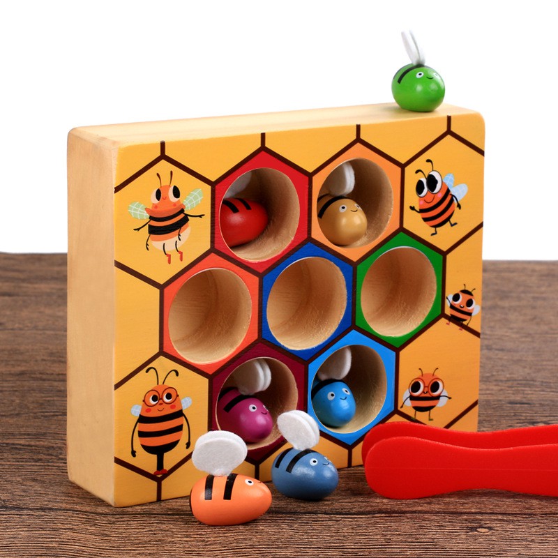 蒙特梭利 蜂箱遊戲 台灣現貨 兒童玩具 勤勞的小蜜蜂 寶寶早教益智積木  夾蜜蜂 夾子 蜂巢 蜜蜂
