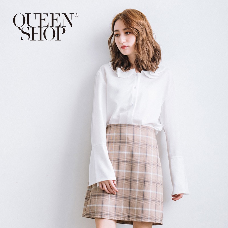 QUEENSHOP【01022969】荷葉領開岔袖雪紡襯衫 兩色售＊預購＊