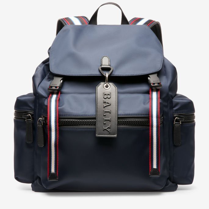 Bally Crew系列經典條紋尼龍後背包雙肩包深藍色 蝦皮購物