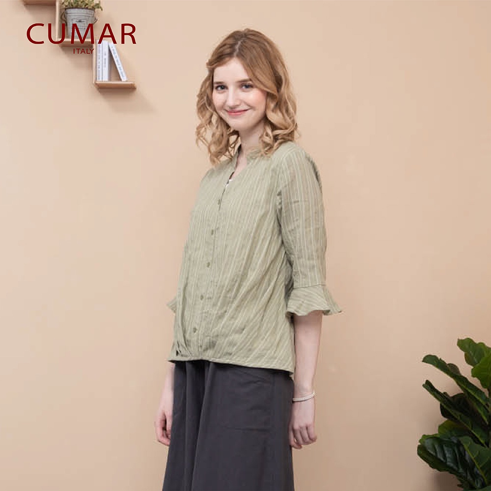 【CUMAR】圓領造型條紋-女七分袖襯衫 條紋 藍 綠 桔(三色/版型適中)