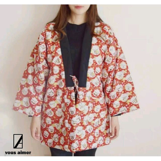 SG 日本供 日式和服外套居家服 睡衣半纏絆天はんてん袢纏 棉襖加厚舖棉保暖外套 生日禮物女款燙金招財貓紅色