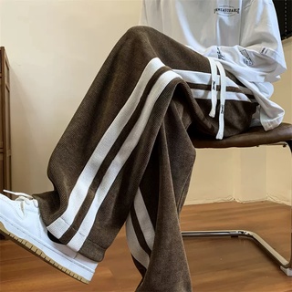 重磅燈芯絨褲子男 休閑長褲男【M-3XL】春秋季拼接條紋炸街ins潮百搭拖地長褲直筒寬松潮牌垂感運動情侶褲 緣投哥服飾