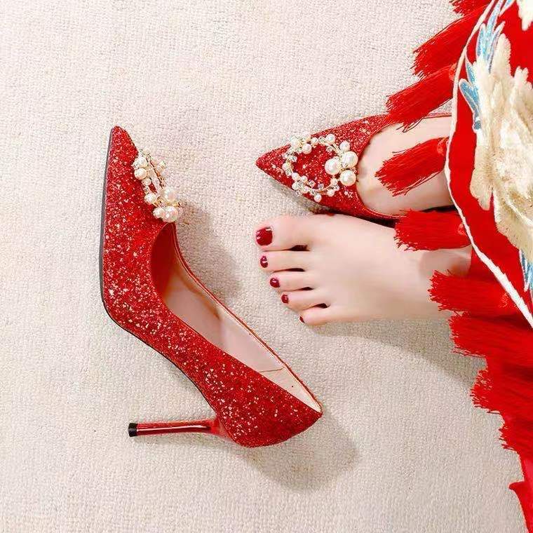 2022亮片婚鞋女新款紅色新娘結婚鞋水晶細跟高跟鞋女婚紗鞋伴娘鞋 高跟鞋 細跟鞋 性感尖頭5407