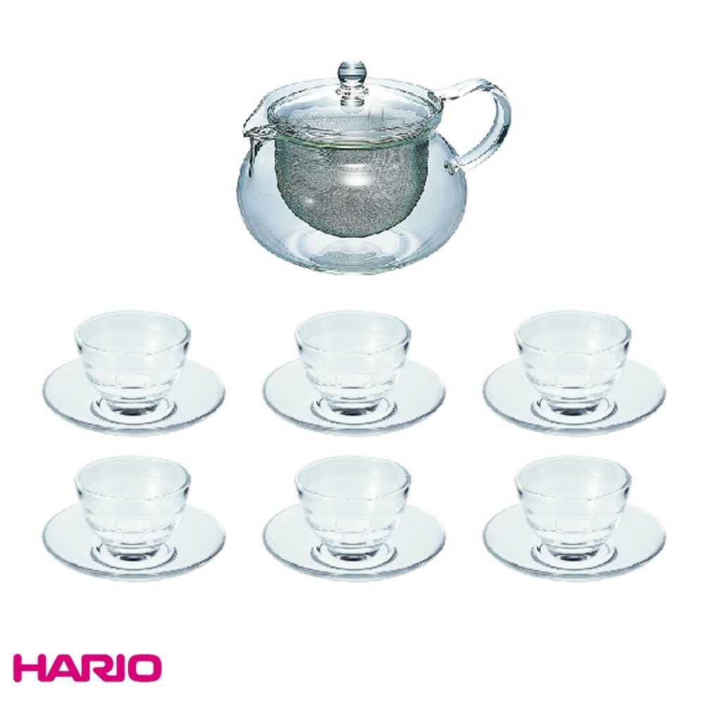 HARIO 茶茶急須一壺六杯盤組 福利品 (附濾網丸形茶壺、玻璃湯吞杯、玻璃茶盤)