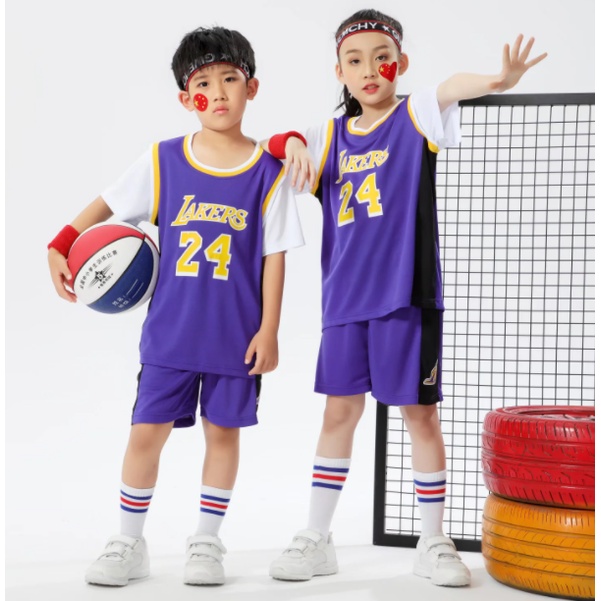 最新款 原創直銷 兒童球衣 兒童籃球衣運動服 兒童籃球服套裝科比球衣湖人隊24號KOBE籃球服 籃球運動套裝 紫色