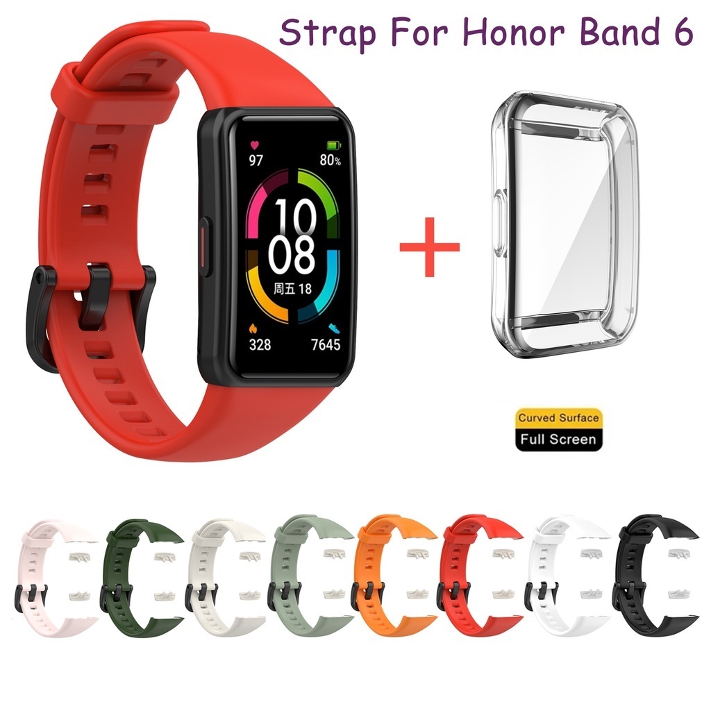 適用於華為 Honor Band 6 Band6 矽膠運動錶帶 + 保護殼腕帶手鍊適用於 Honor 替換手錶外殼保護套